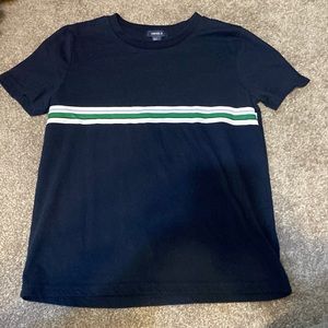 navy blue short sleeve t shirt with white, light blue, black, and green stripes